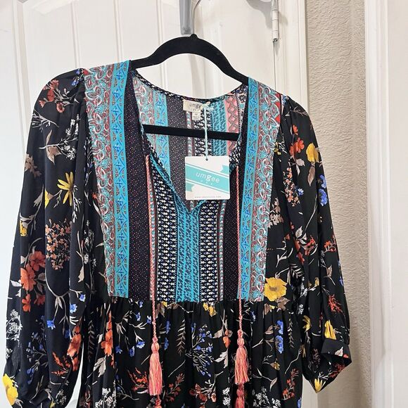 Umgee Floral Boho Peasant Tassels Floral Black Teal Mini Dress Womens Size M NEW - Picture 2 of 10